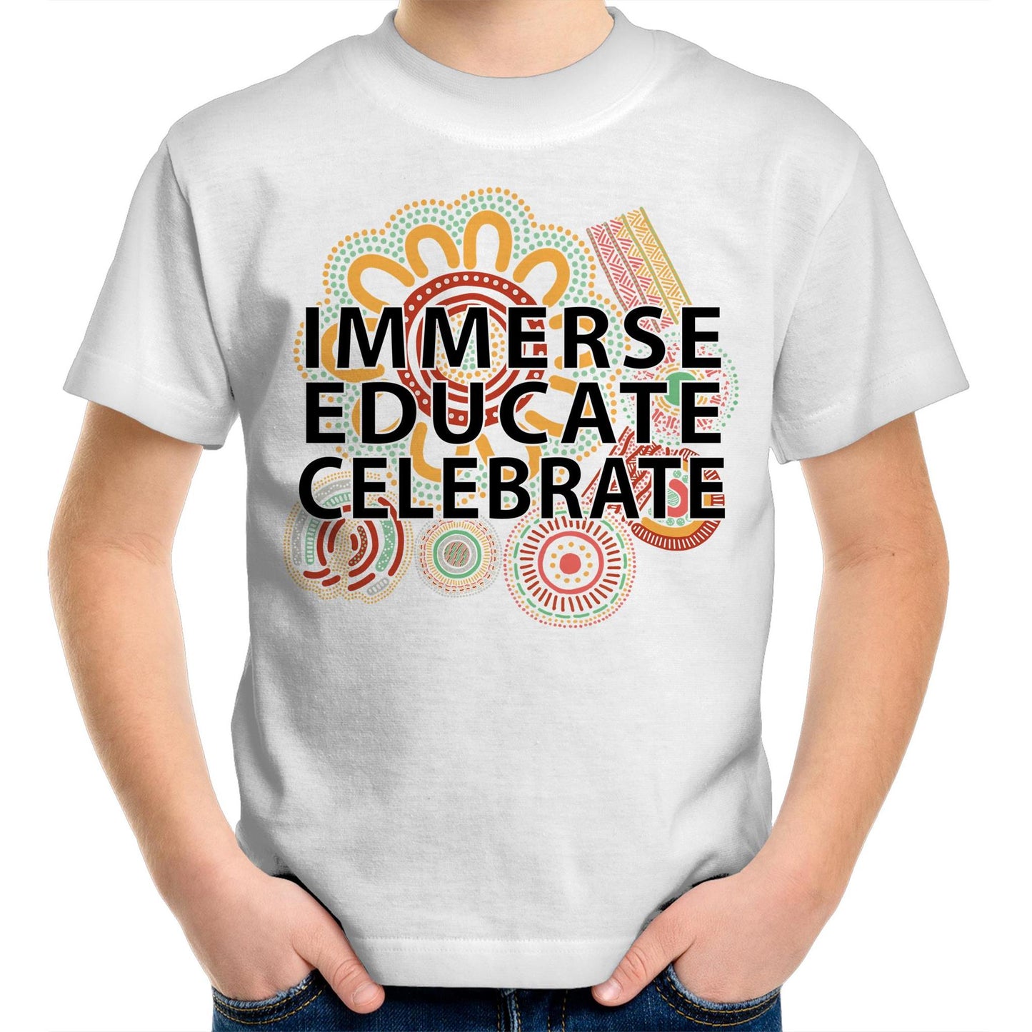 'Immerse, Educate, Celebrate' Aboriginal Design Kids T-Shirt