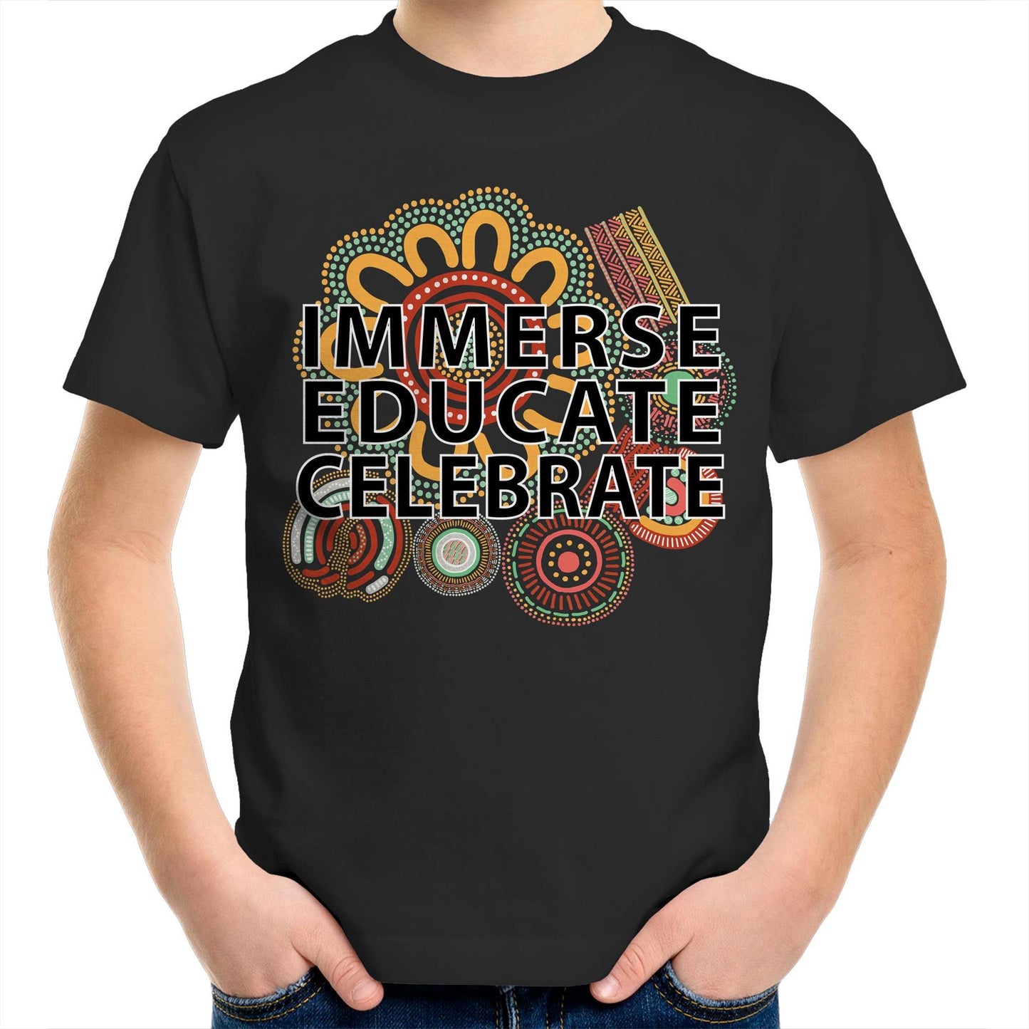'Immerse, Educate, Celebrate' Aboriginal Design Kids T-Shirt